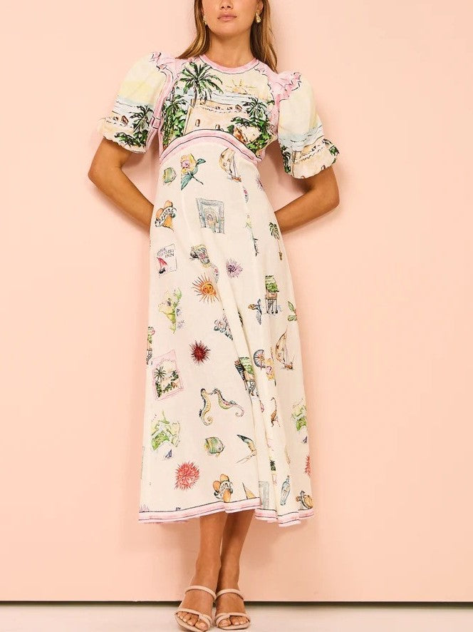 Sweet Printed Puff Sleeve Midi Dress