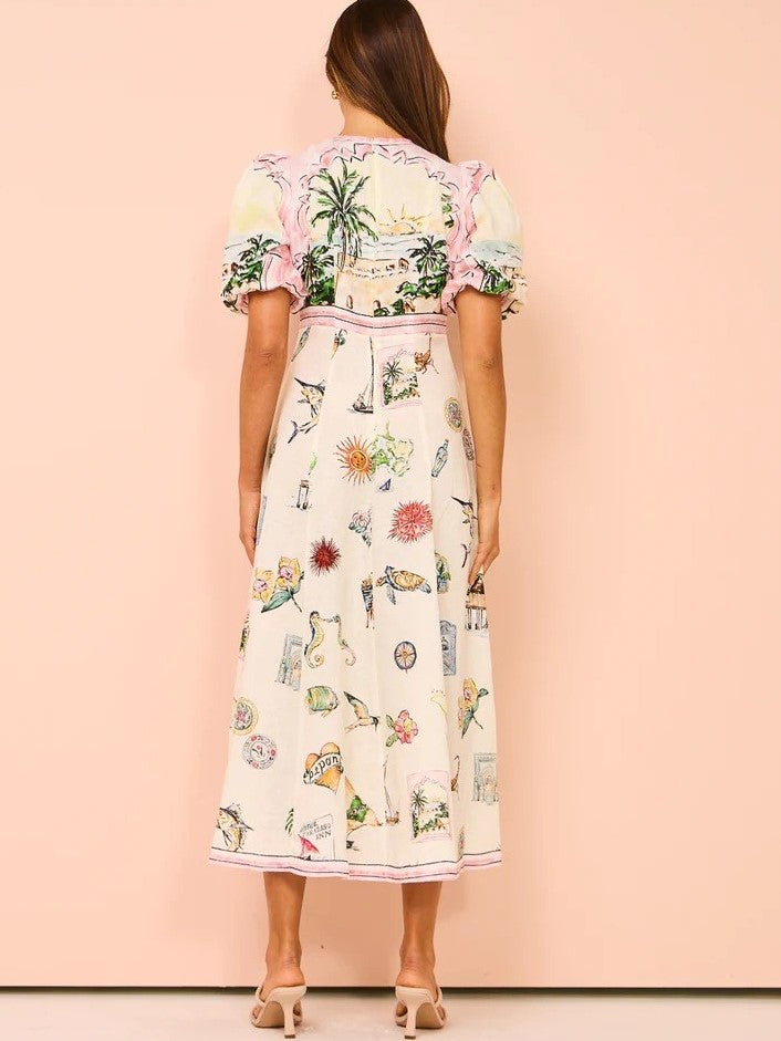 Sweet Printed Puff Sleeve Midi Dress