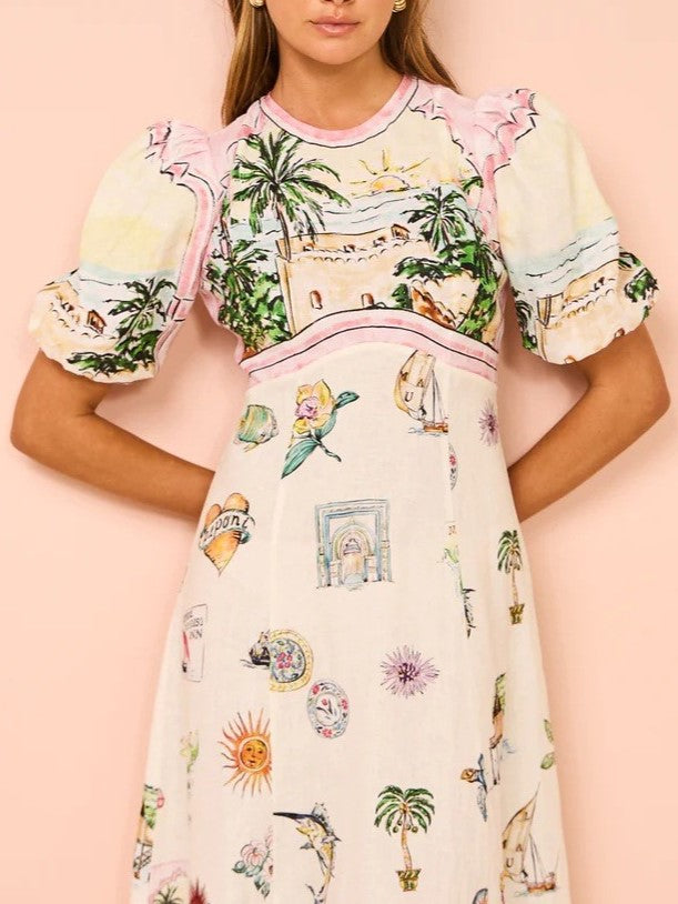 Sweet Printed Puff Sleeve Midi Dress