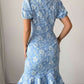 Sweet Ruffle Zipper Short Sleeve Blue Dress