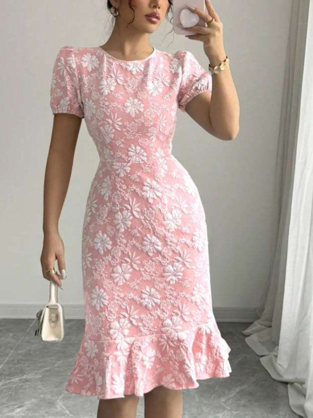 Sweet Ruffle Zipper Short Sleeve PInk Dress