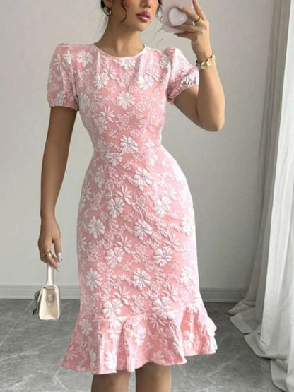 Sweet Ruffle Zipper Short Sleeve PInk Dress