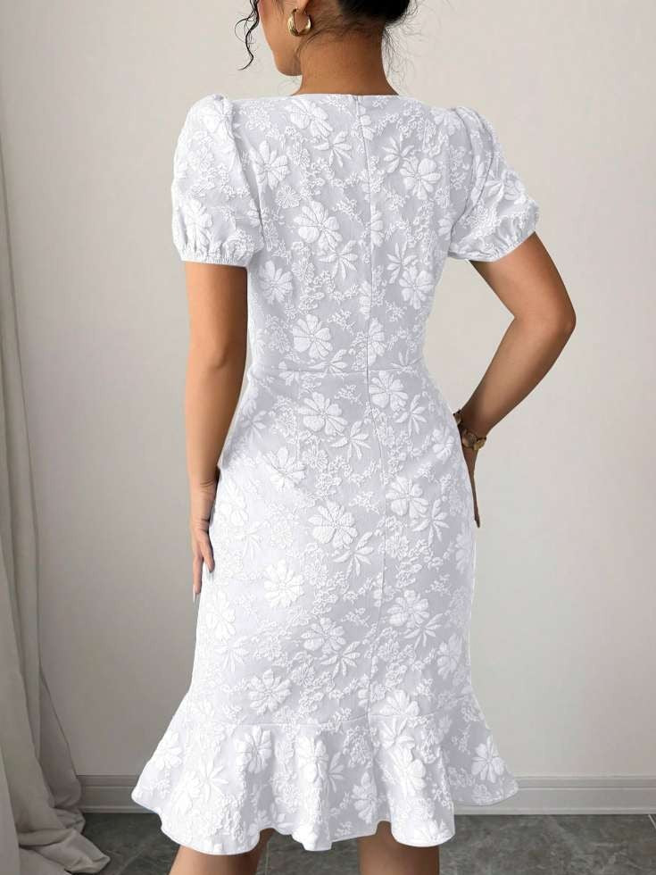 Sweet Ruffle Zipper Short Sleeve White Dress