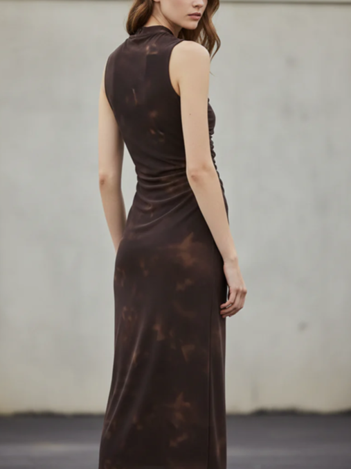 Sweet Sleeveless Ruched Side Brown Dress