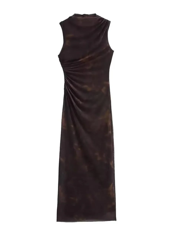 Sweet Sleeveless Ruched Side Brown Dress
