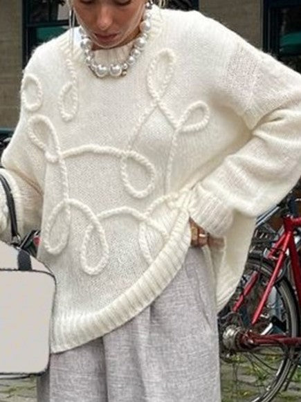 Sweet Winter Style Long Sleeve White Loose Sweater Top