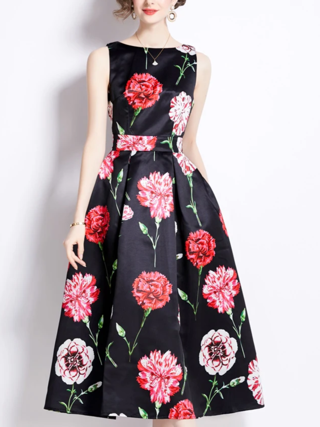 Timeless Black Floral Print Party Dress