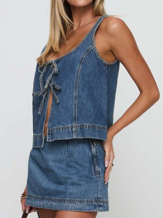 Trendy Lace Up Denim Vest Skirt Co ord Set