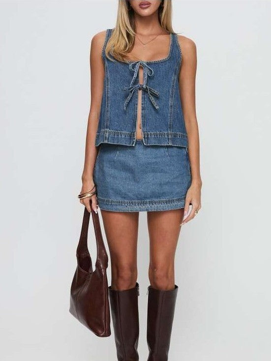 Trendy Lace Up Denim Vest Skirt Co ord Set