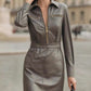Trendy Lapel Zipper Long Sleeve Dress With Belt