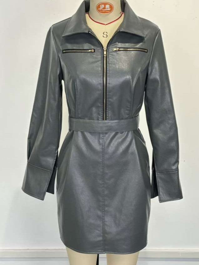 Trendy Lapel Zipper Long Sleeve Dress With Belt