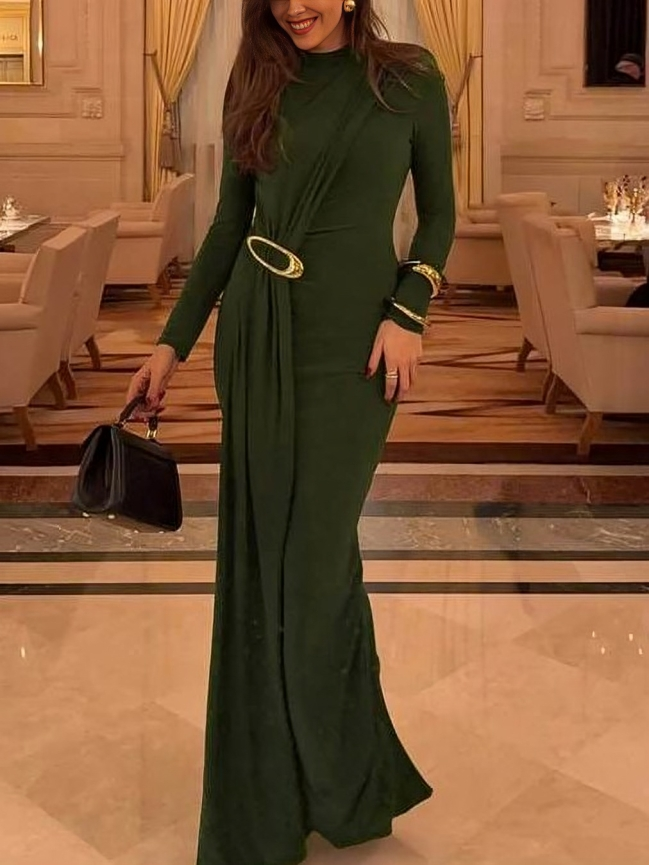 Unique Buckle Decor Ribbons Long Sleeve Maxi Dress