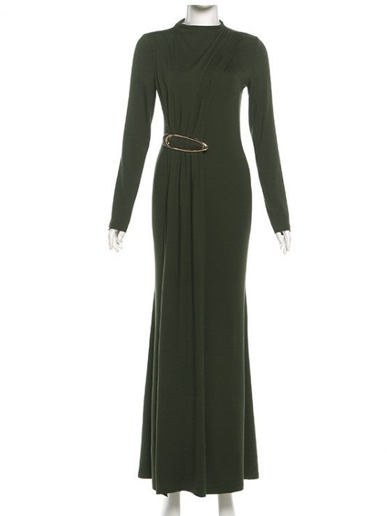 Unique Buckle Decor Ribbons Long Sleeve Maxi Dress