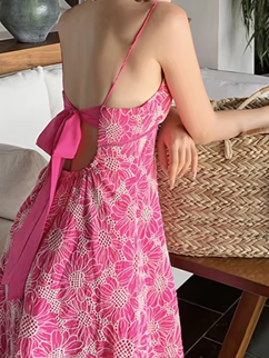 Vacay Wear Hollow Strap Backless Red Dress