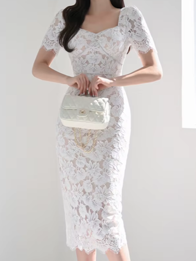 Vintage Curved Drill Lace White Pencil Dress