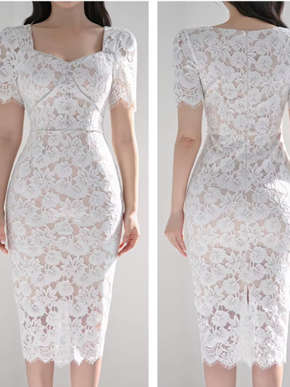 Vintage Curved Drill Lace White Pencil Dress