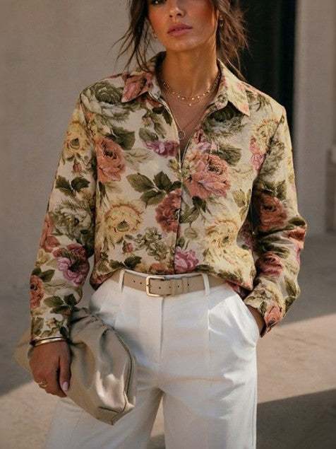 Vintage Floral Lapel Zipper Coat