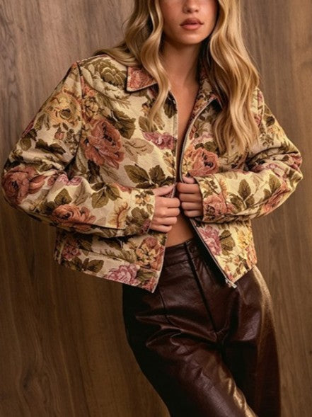 Vintage Floral Lapel Zipper Coat