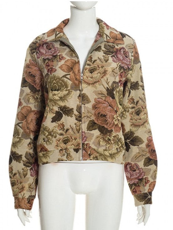 Vintage Floral Lapel Zipper Coat