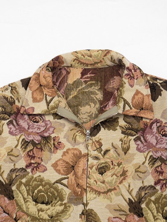 Vintage Floral Lapel Zipper Coat