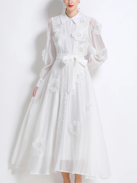 Vintage Flower Embroidery Long Sleeve White Party Dress