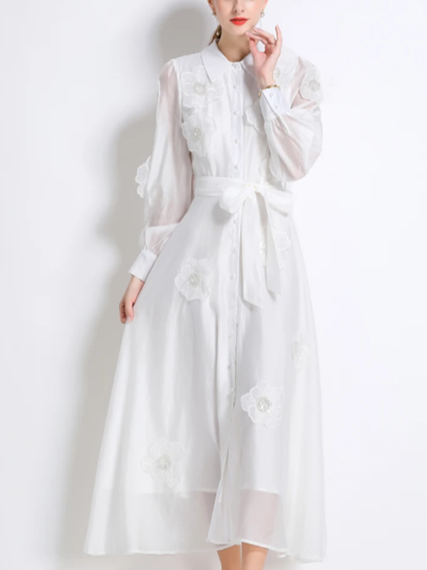 Vintage Flower Embroidery Long Sleeve White Party Dress