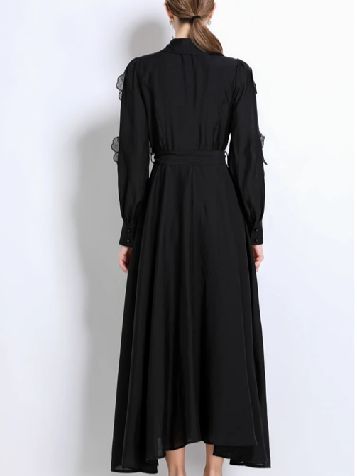 Vintage Flower Embroidery Long Sleeve Black Party Dress