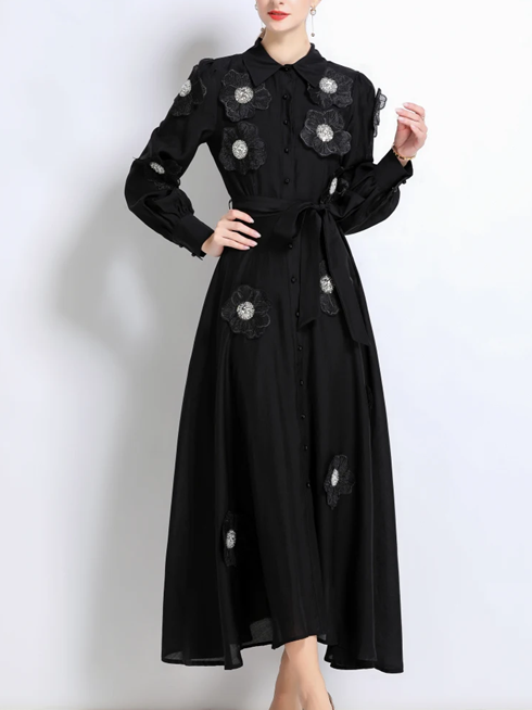 Vintage Flower Embroidery Long Sleeve Black Party Dress