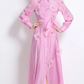 Vintage Flower Embroidery Long Sleeve Pink Party Dress - Ships in 24 Hrs