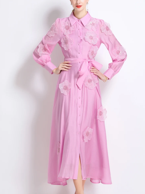 Vintage Flower Embroidery Long Sleeve Pink Party Dress - Ships in 24 Hrs