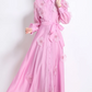 Vintage Flower Embroidery Long Sleeve Pink Party Dress - Ships in 24 Hrs