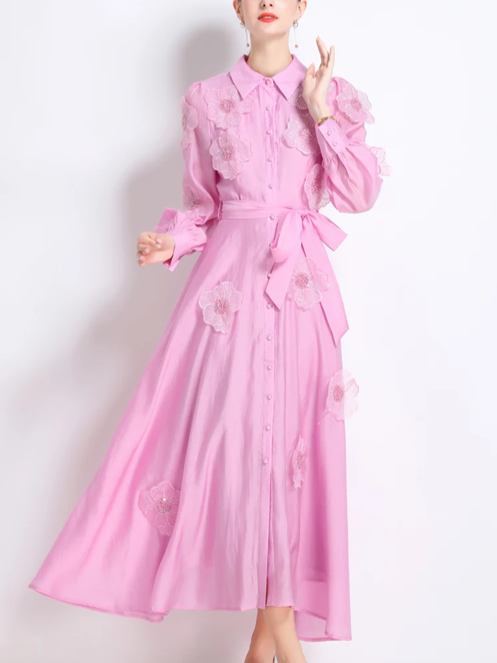 Vintage Flower Embroidery Long Sleeve Pink Party Dress - Ships in 24 Hrs