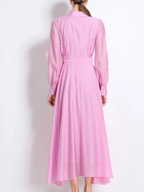 Vintage Flower Embroidery Long Sleeve Pink Party Dress - Ships in 24 Hrs