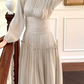 Vintage Pleated Waist Cinched Long Bubble Sleeve Beading A Line Apricot Party Dress