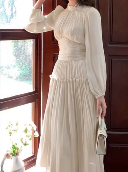 Vintage Pleated Waist Cinched Long Bubble Sleeve Beading A Line Apricot Party Dress