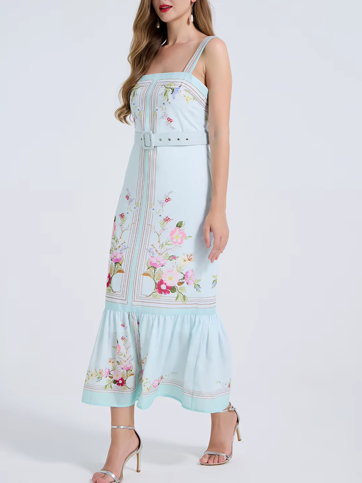 Vintage Strapless Printed Sheath Holiday Dress With Belt
