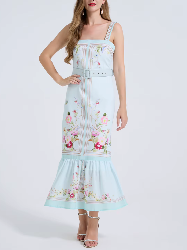Vintage Strapless Printed Sheath Holiday Dress With Belt