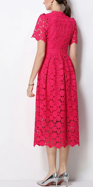 Vintage V Neck Summer Crochet Short Sleeve Pink Lace Dress