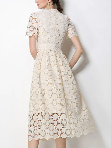 Vintage V Neck Summer Crochet Short Sleeve Apricot Lace Dress