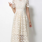 Vintage V Neck Summer Crochet Short Sleeve Apricot Lace Dress