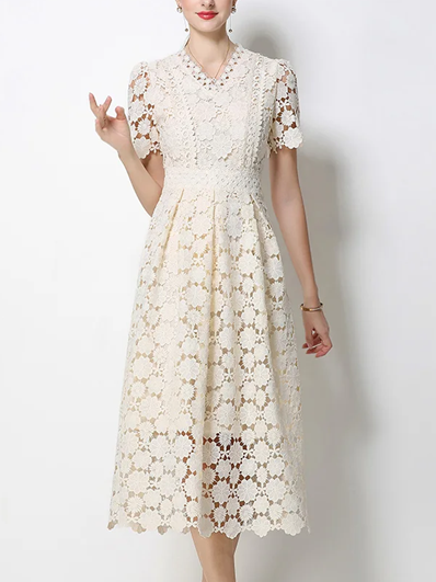Vintage V Neck Summer Crochet Short Sleeve Apricot Lace Dress