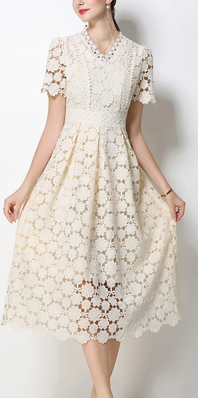 Vintage V Neck Summer Crochet Short Sleeve Apricot Lace Dress