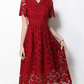 Vintage V Neck Summer Crochet Short Sleeve Red Lace Dress