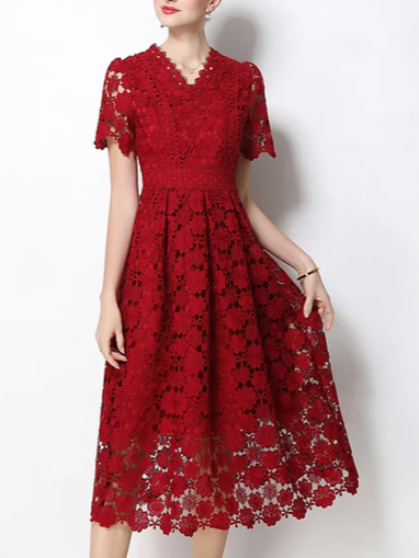 Vintage V Neck Summer Crochet Short Sleeve Red Lace Dress