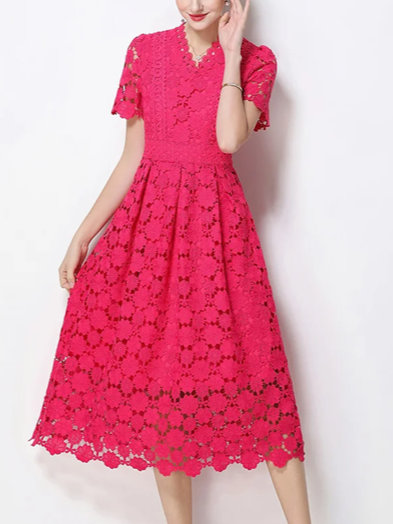 Vintage V Neck Summer Crochet Short Sleeve Pink Lace Dress