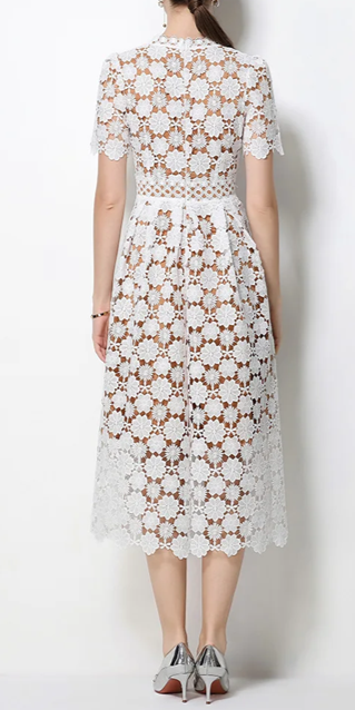 Vintage V Neck Summer Crochet Short Sleeve White Lace Dress