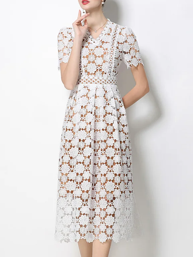 Vintage V Neck Summer Crochet Short Sleeve White Lace Dress