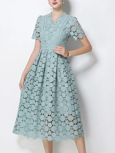 Vintage V Neck Summer Crochet Short Sleeve Green Lace Dress