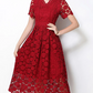 Vintage V Neck Summer Crochet Short Sleeve Red Lace Dress