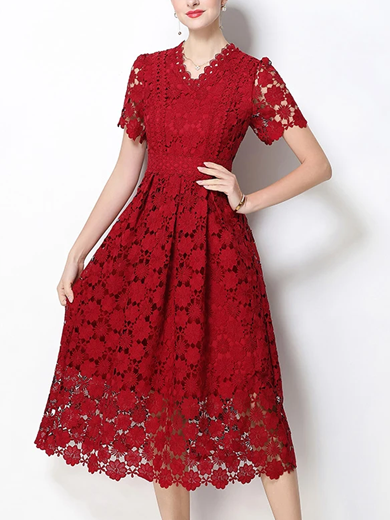 Vintage V Neck Summer Crochet Short Sleeve Red Lace Dress